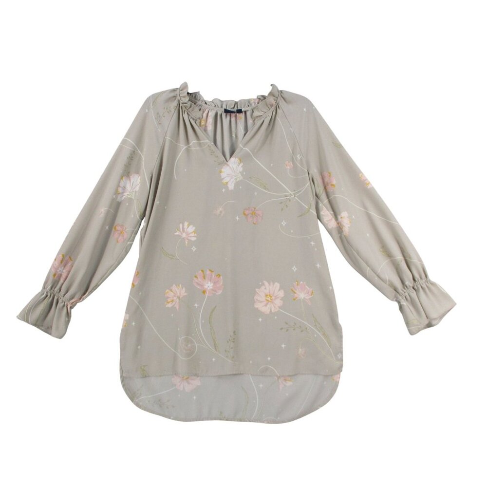 Kaari Blue Floral Print Blouse Polyester 3/4 Sleeves Ruffled Cuffs Beige Size M